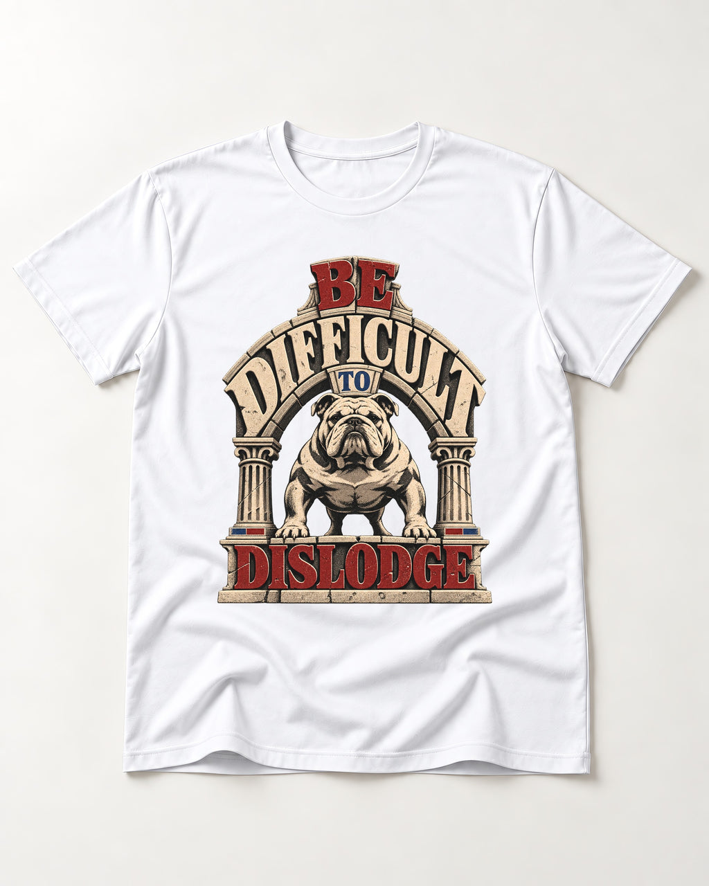English Bulldog Be Difficult to Dislodge Stone Arch Graphic T-Shirt in White, flat lay product photo