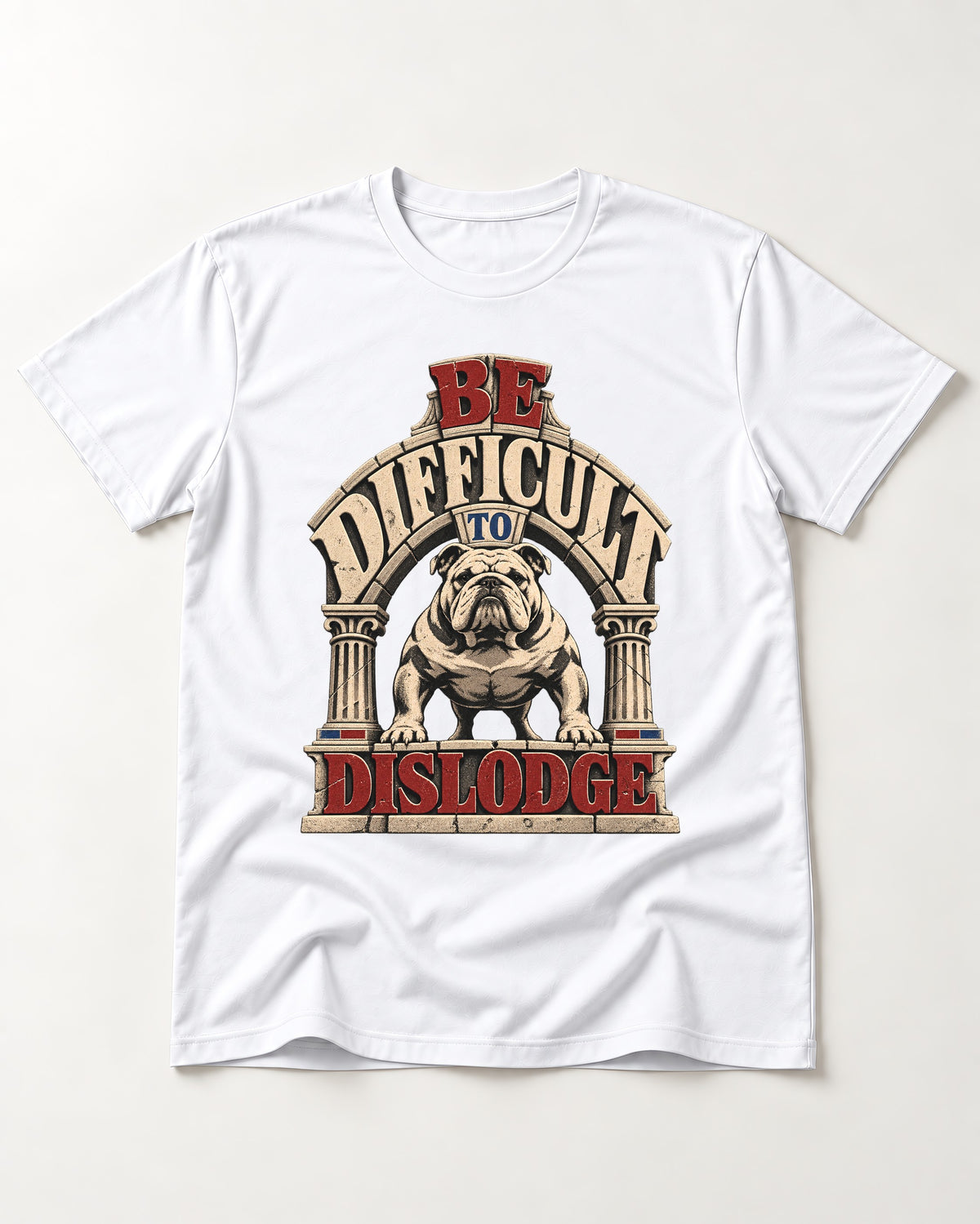 English Bulldog Be Difficult to Dislodge Stone Arch Graphic T-Shirt in White, flat lay product photo