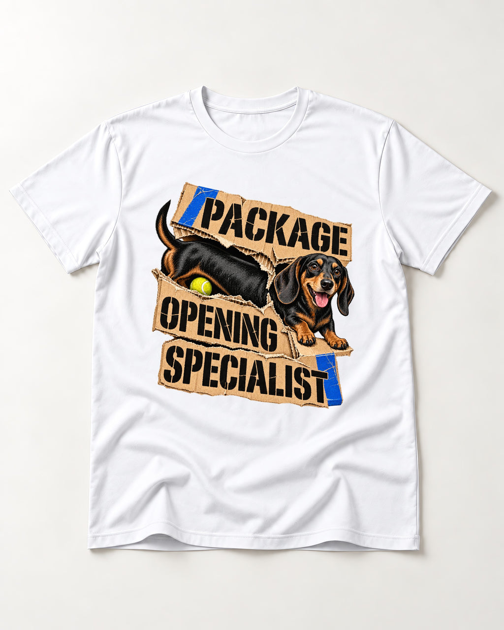 Dachshund Package Opening Specialist T-Shirt in White, flat lay product photo