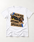Dachshund Package Opening Specialist T-Shirt in White, flat lay product photo