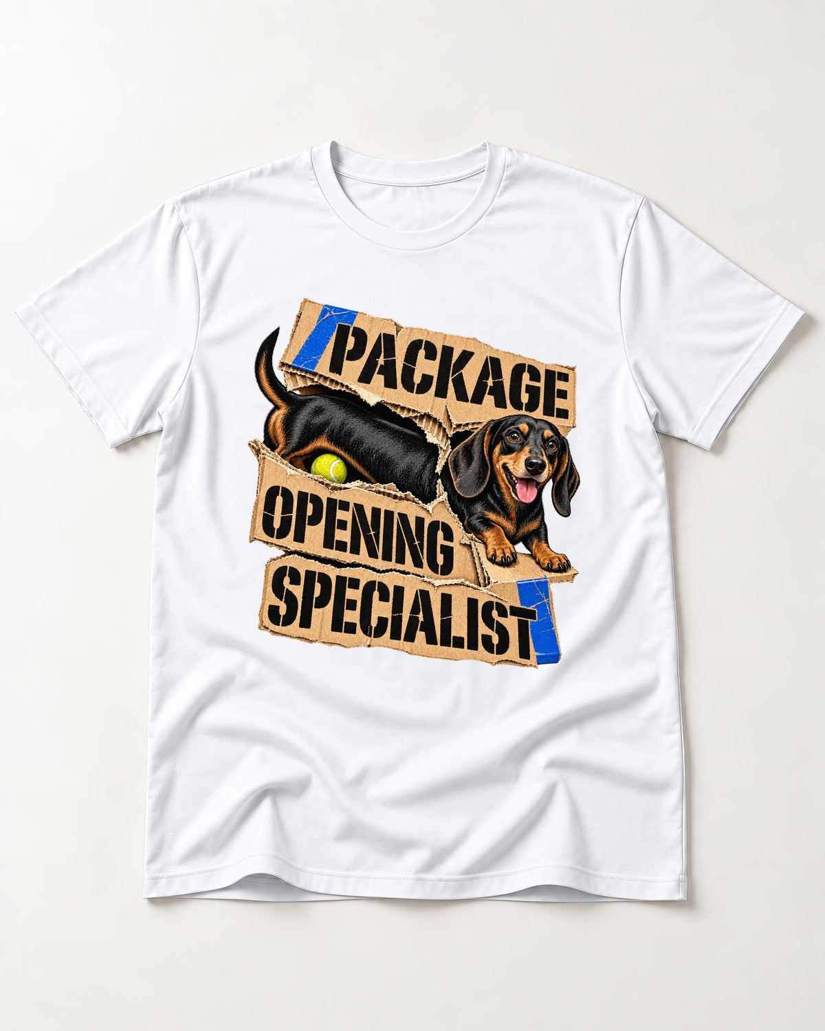 Dachshund Package Opening Specialist T-Shirt in White, flat lay product photo