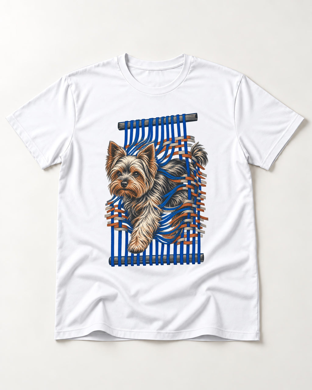 Yorkshire Terrier Unbound T-Shirt in White, flat lay product photo