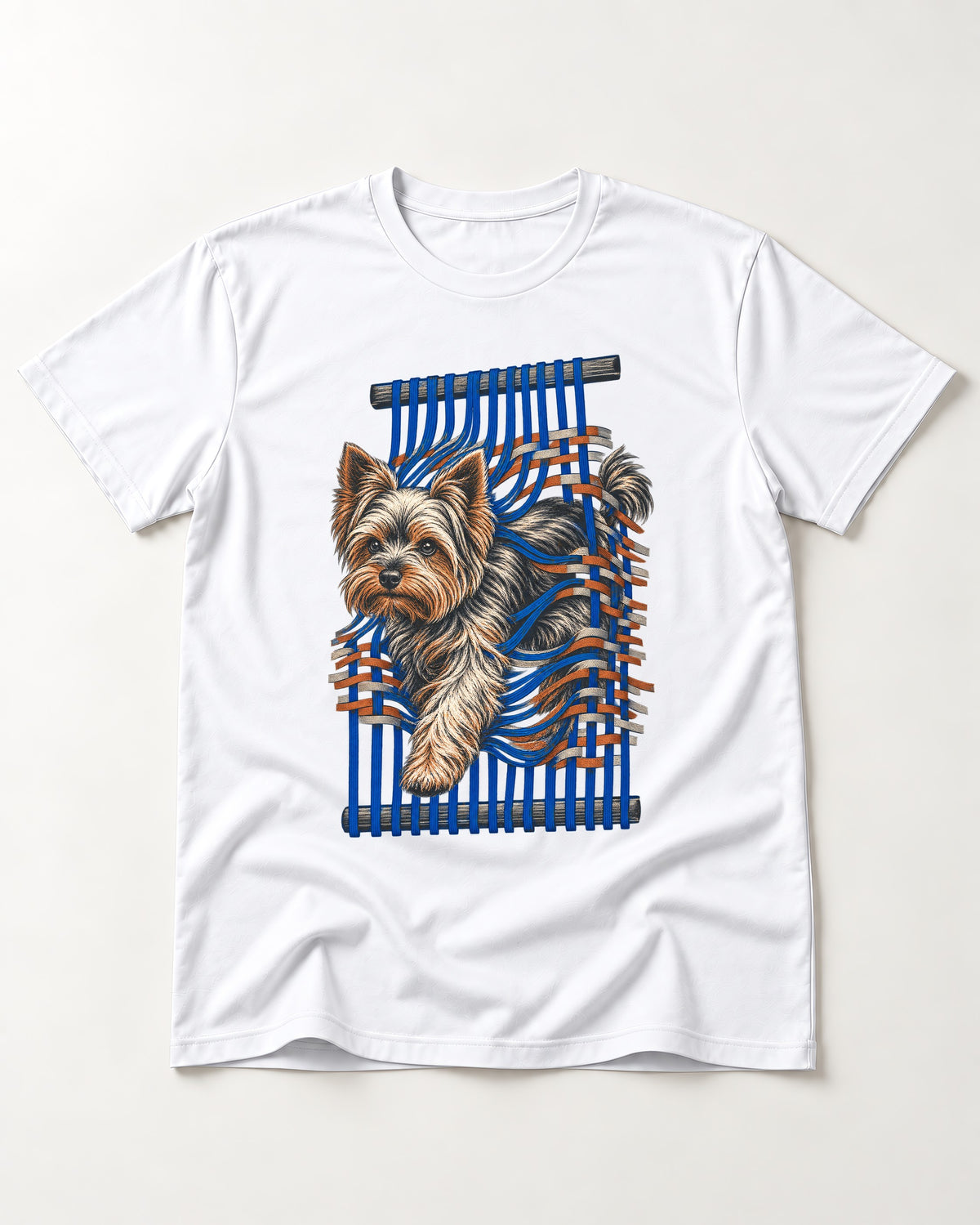 Yorkshire Terrier Unbound T-Shirt in White, flat lay product photo
