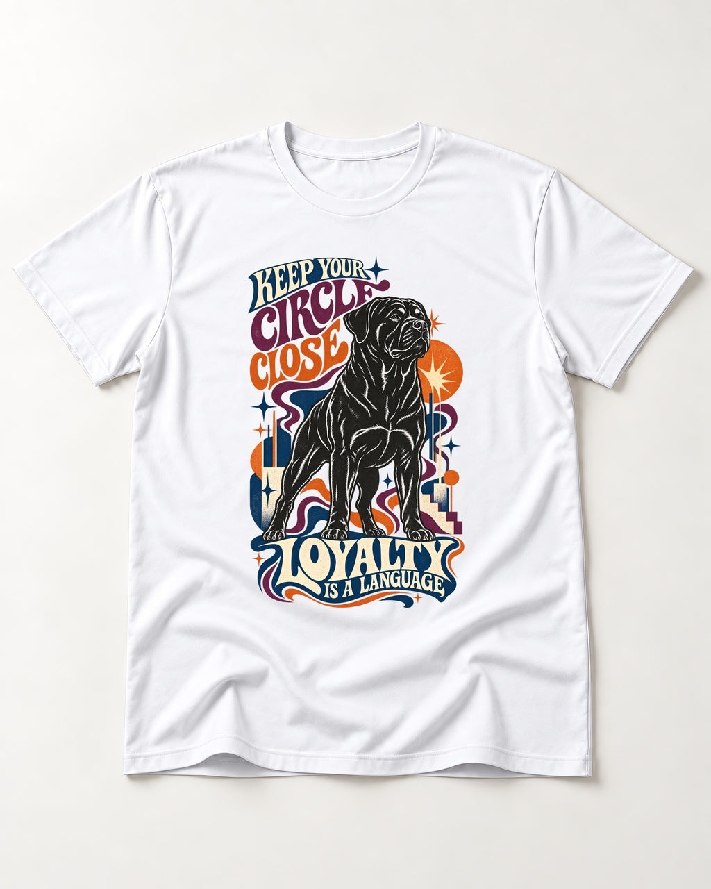 Keep Your Rottweiler Circle Close T-Shirt in White, flat lay product photo