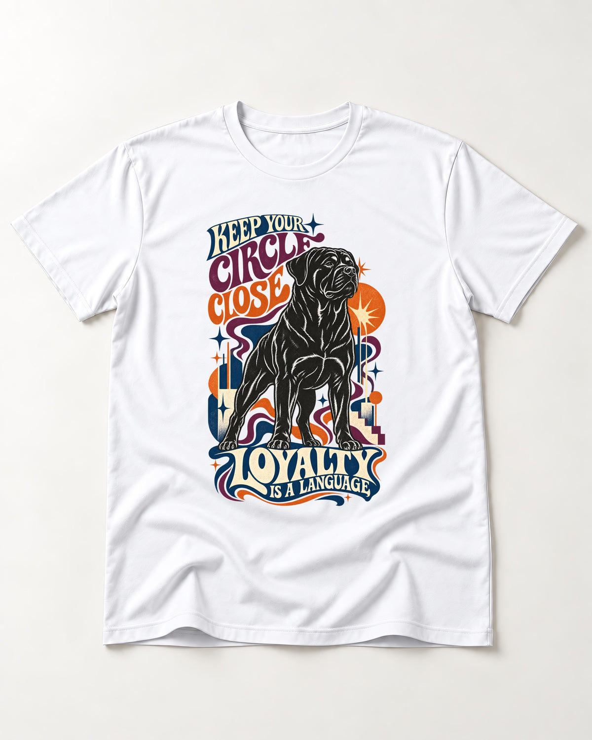 Keep Your Rottweiler Circle Close T-Shirt in White, flat lay product photo