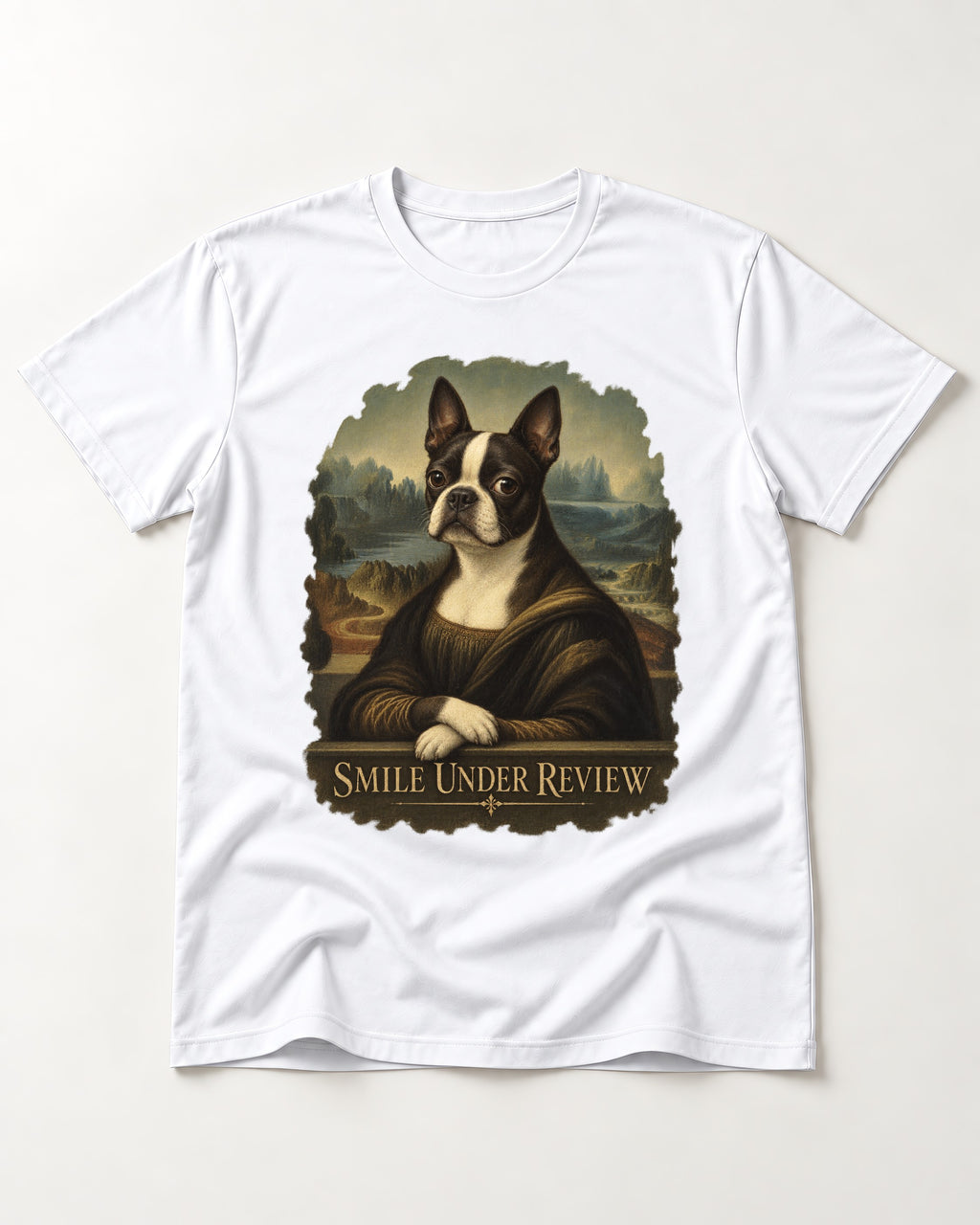 Smile Under Review Boston Terrier Mona Lisa Portrait T-Shirt in White, flat lay product photo