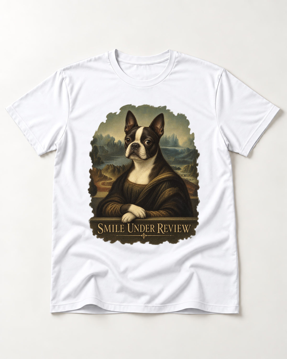 Smile Under Review Boston Terrier Mona Lisa Portrait T-Shirt in White, flat lay product photo