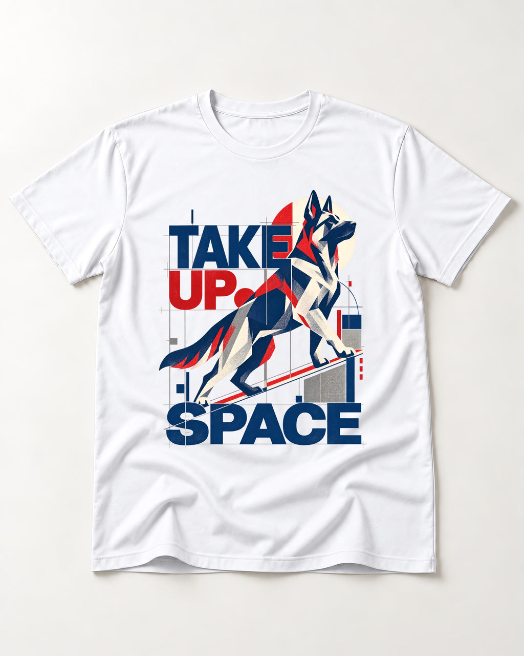 Take Up Space German Shepherd Dog T-Shirt in White, flat lay product photo