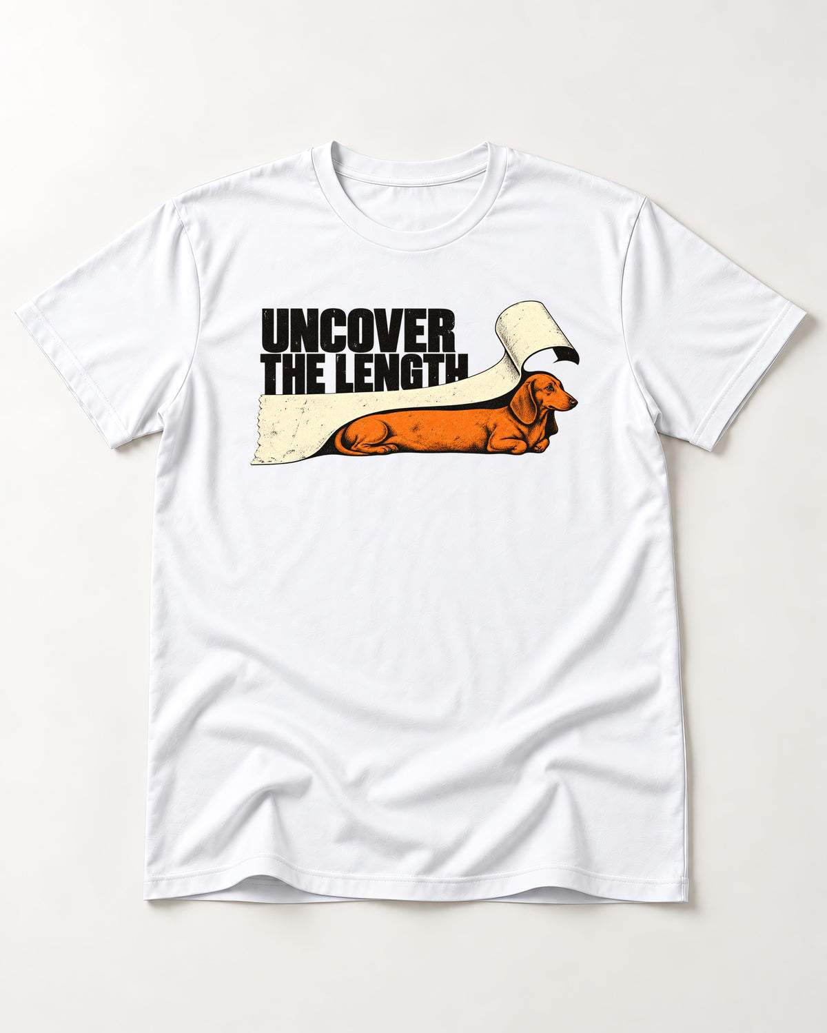 Uncover the Dachshund Length T-Shirt in White, flat lay product photo