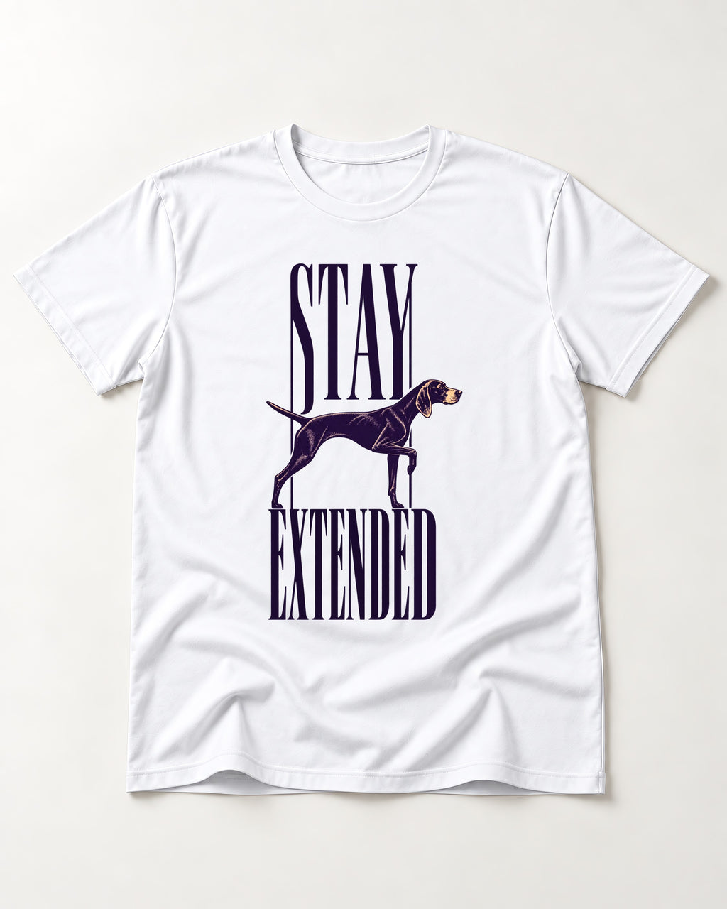 Stay Extended German Shorthaired Pointer T-Shirt in White, flat lay product photo