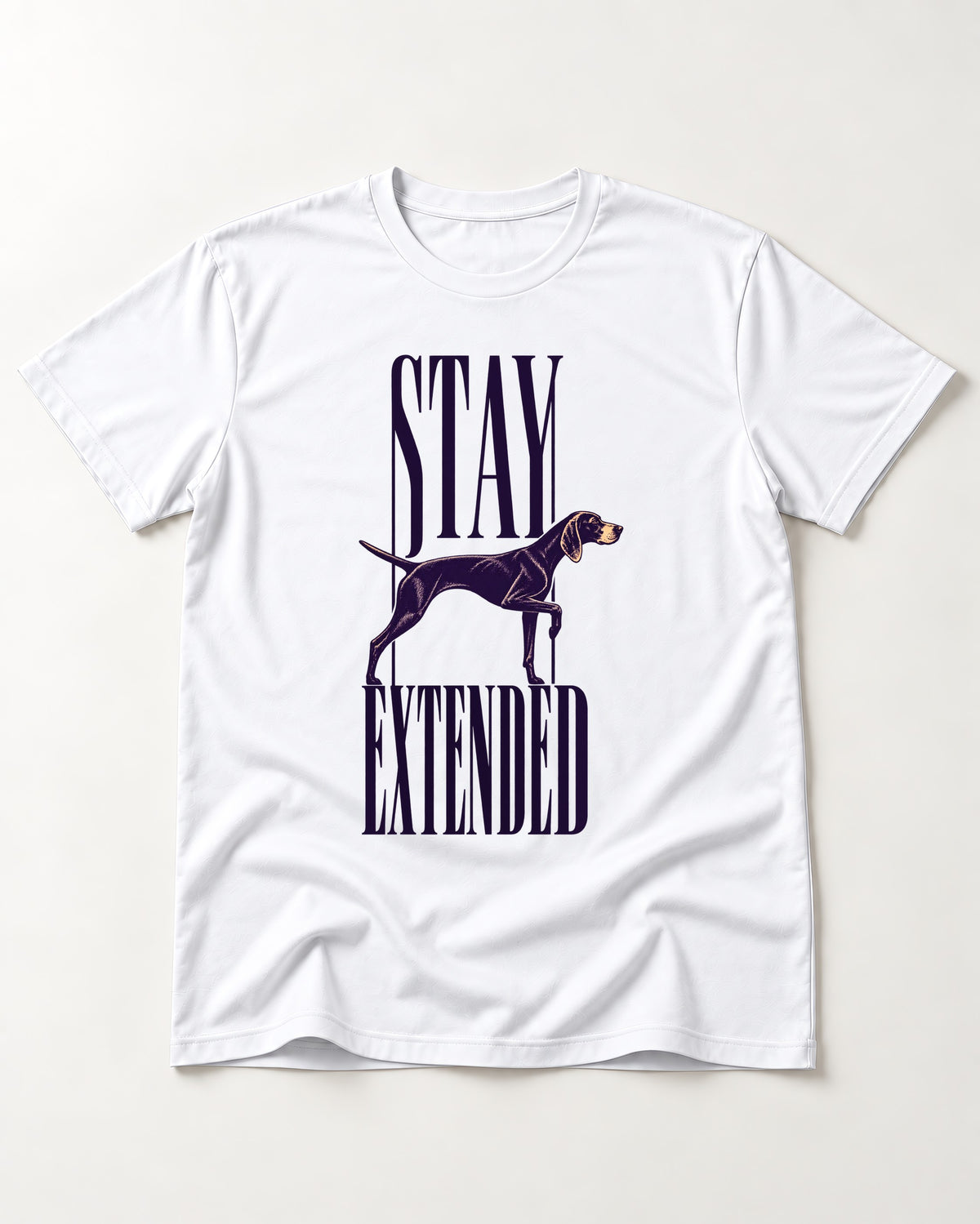 Stay Extended German Shorthaired Pointer T-Shirt in White, flat lay product photo