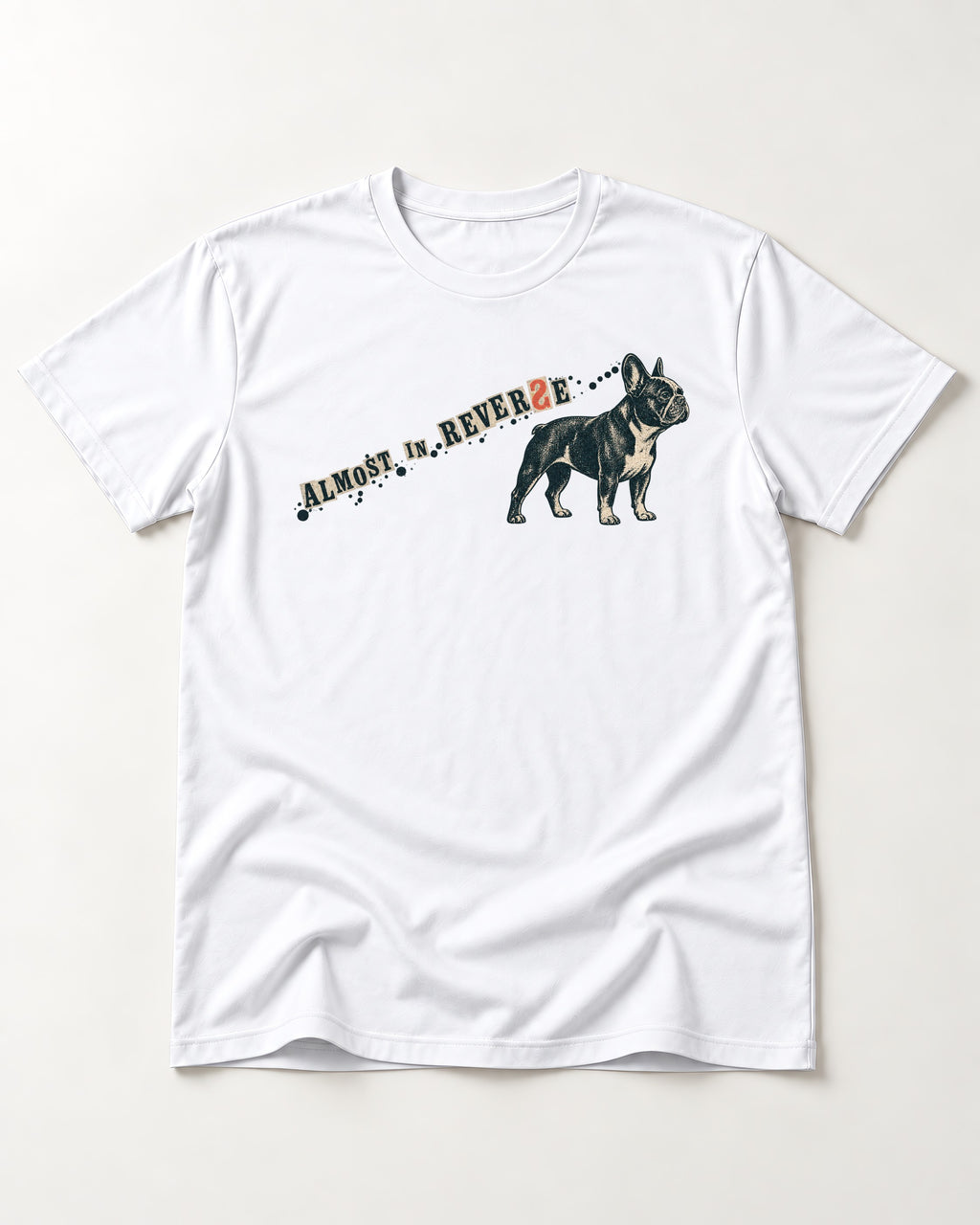 Frenchie Almost In Reverse Dotted Trail Graphic T-Shirt in White, flat lay product photo
