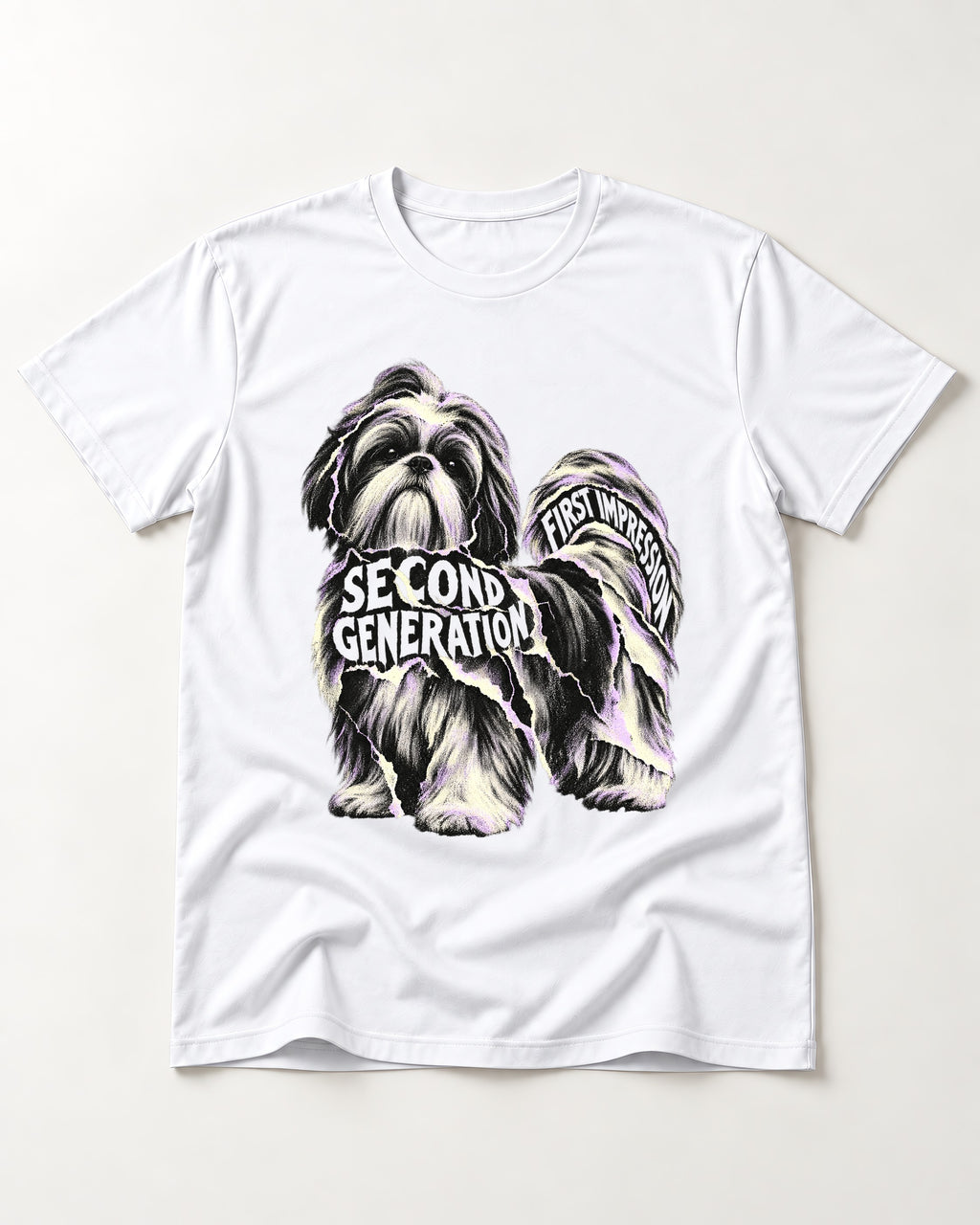 Second Generation Shih Tzu T-Shirt in White, flat lay product photo
