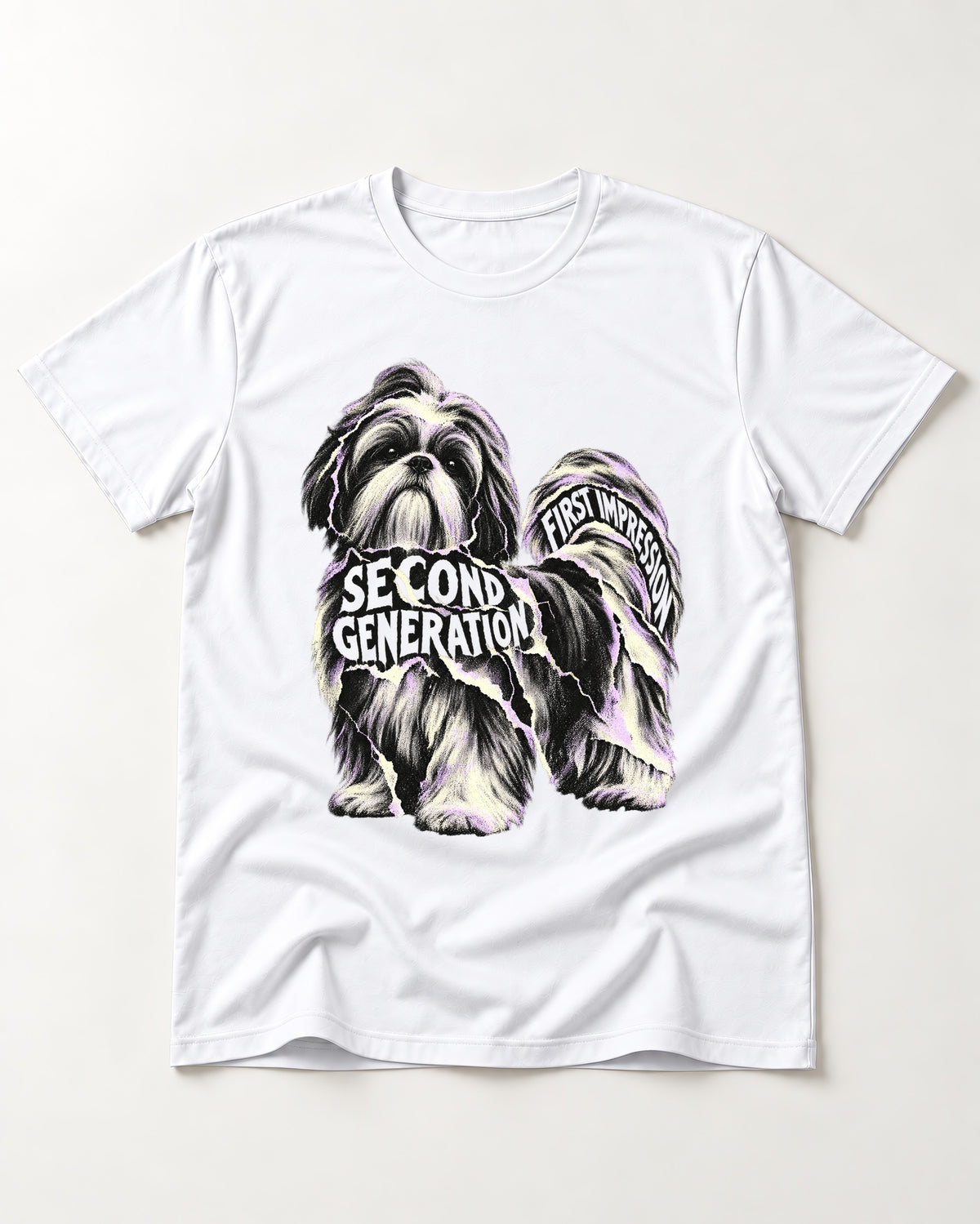 Second Generation Shih Tzu T-Shirt in White, flat lay product photo