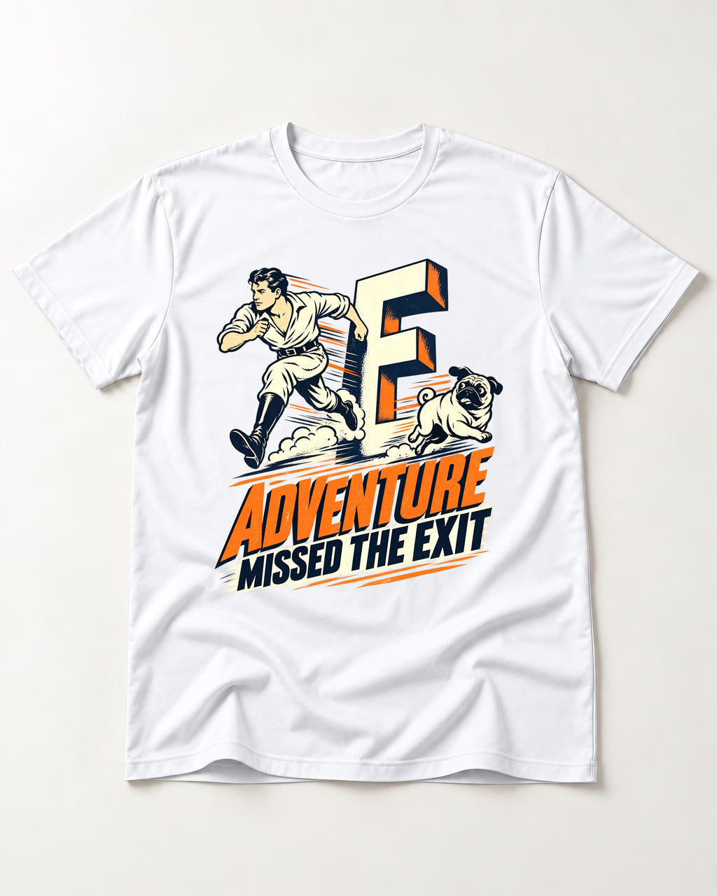 Pug Adventure Missed the Exit Running Graphic T-Shirt in White, flat lay product photo