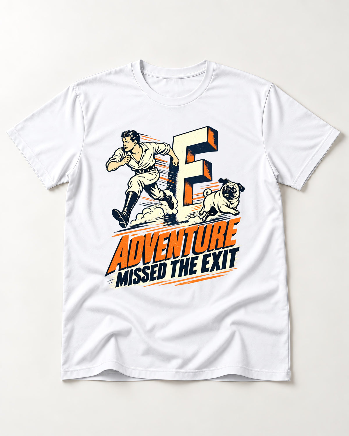 Pug Adventure Missed the Exit Running Graphic T-Shirt in White, flat lay product photo