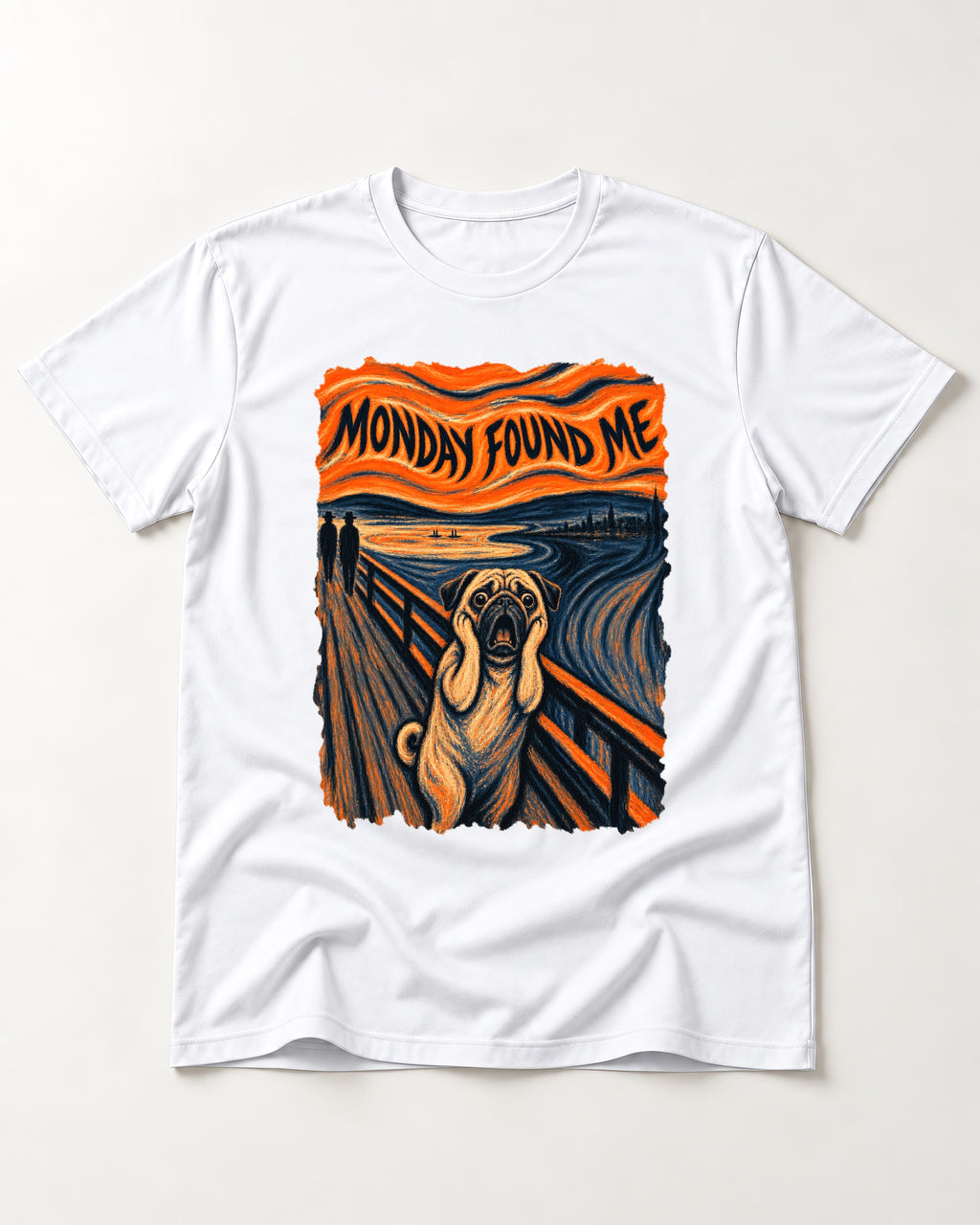 Pug Monday Found Me Scream Parody Graphic T-Shirt in White, flat lay product photo