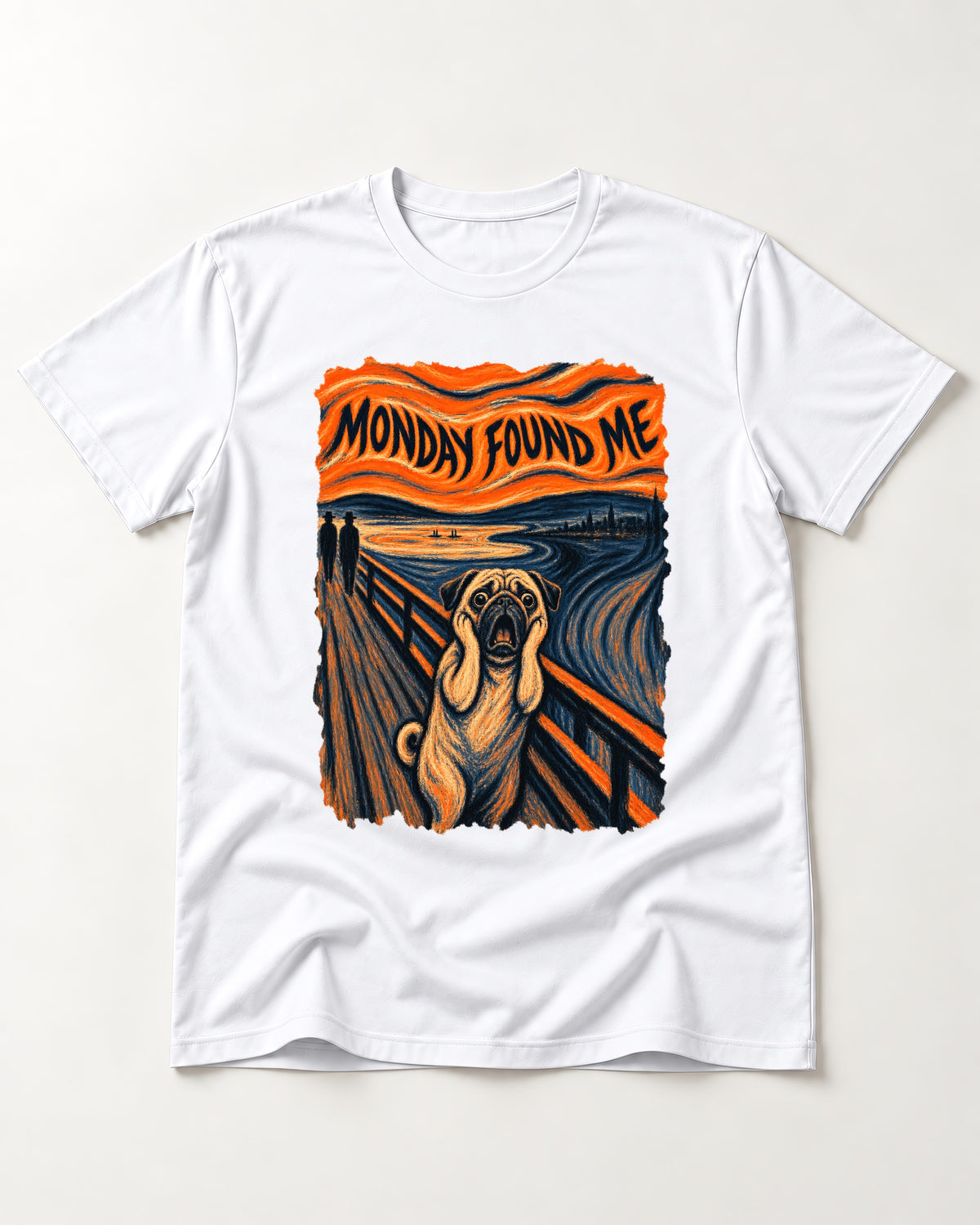 Pug Monday Found Me Scream Parody Graphic T-Shirt in White, flat lay product photo