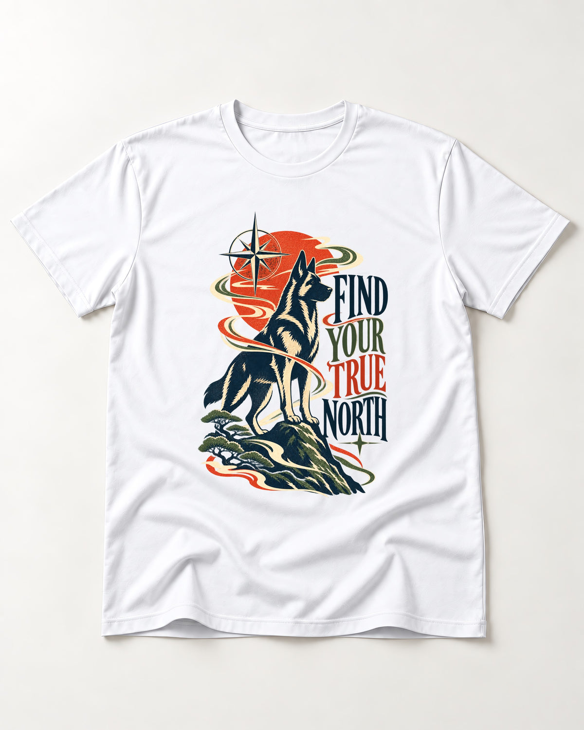 Find Your True North German Shepherd Dog T-Shirt in White, flat lay product photo