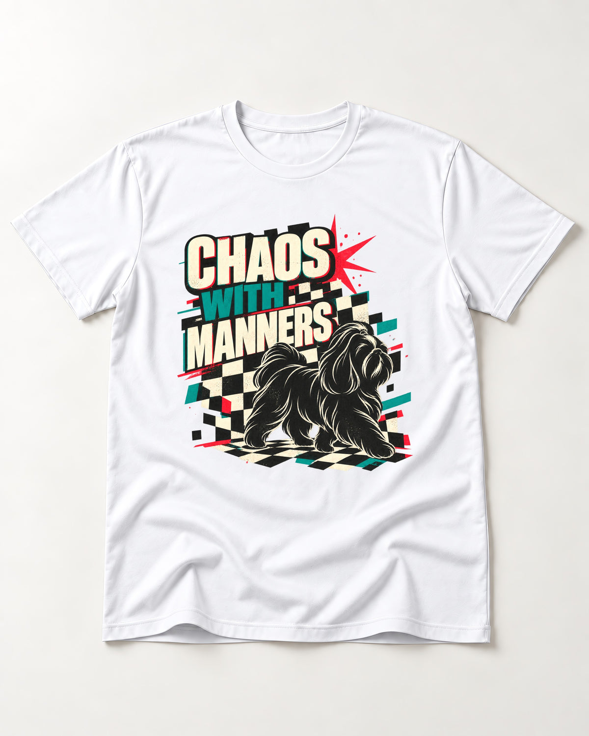 Shih Tzu Chaos with Manners Checkerboard Graphic T-Shirt in White, flat lay product photo