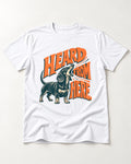 Dachshund Heard From Here T-Shirt in White, flat lay product photo