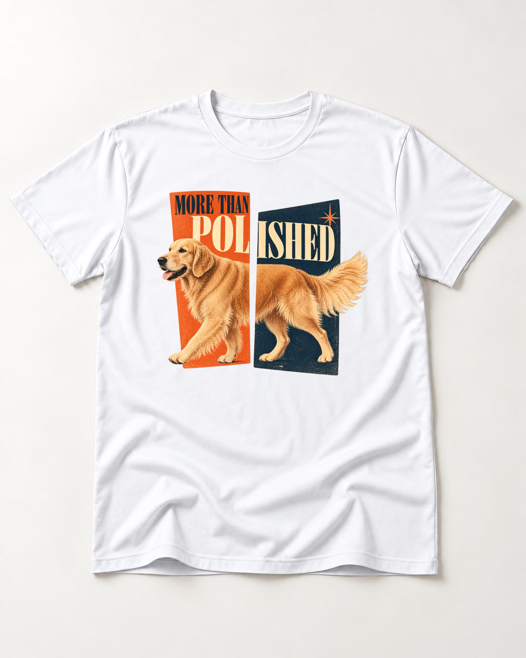 Golden Retriever More Than Polished Split Panel Graphic T-Shirt in White, flat lay product photo