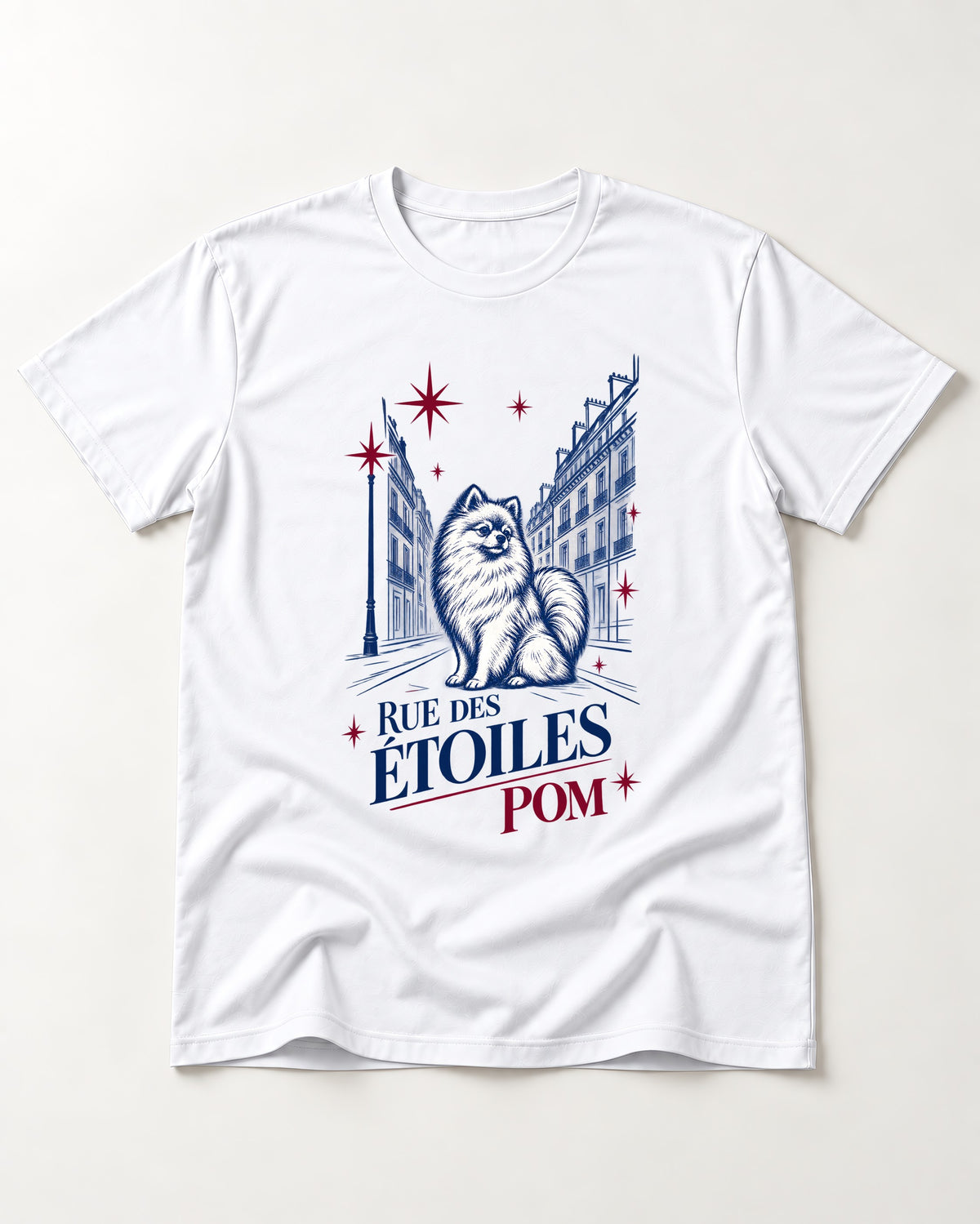 Pomeranian Among the Stars T-Shirt in White, flat lay product photo