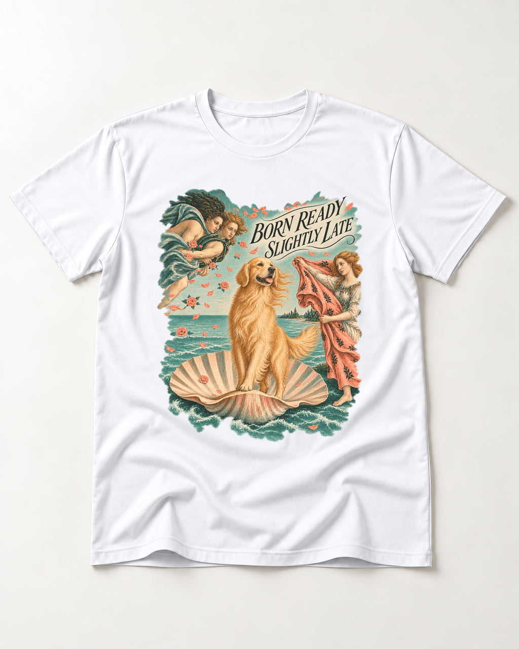 Born Ready Slightly Late Venus Golden Retriever Graphic T-Shirt in White, flat lay product photo