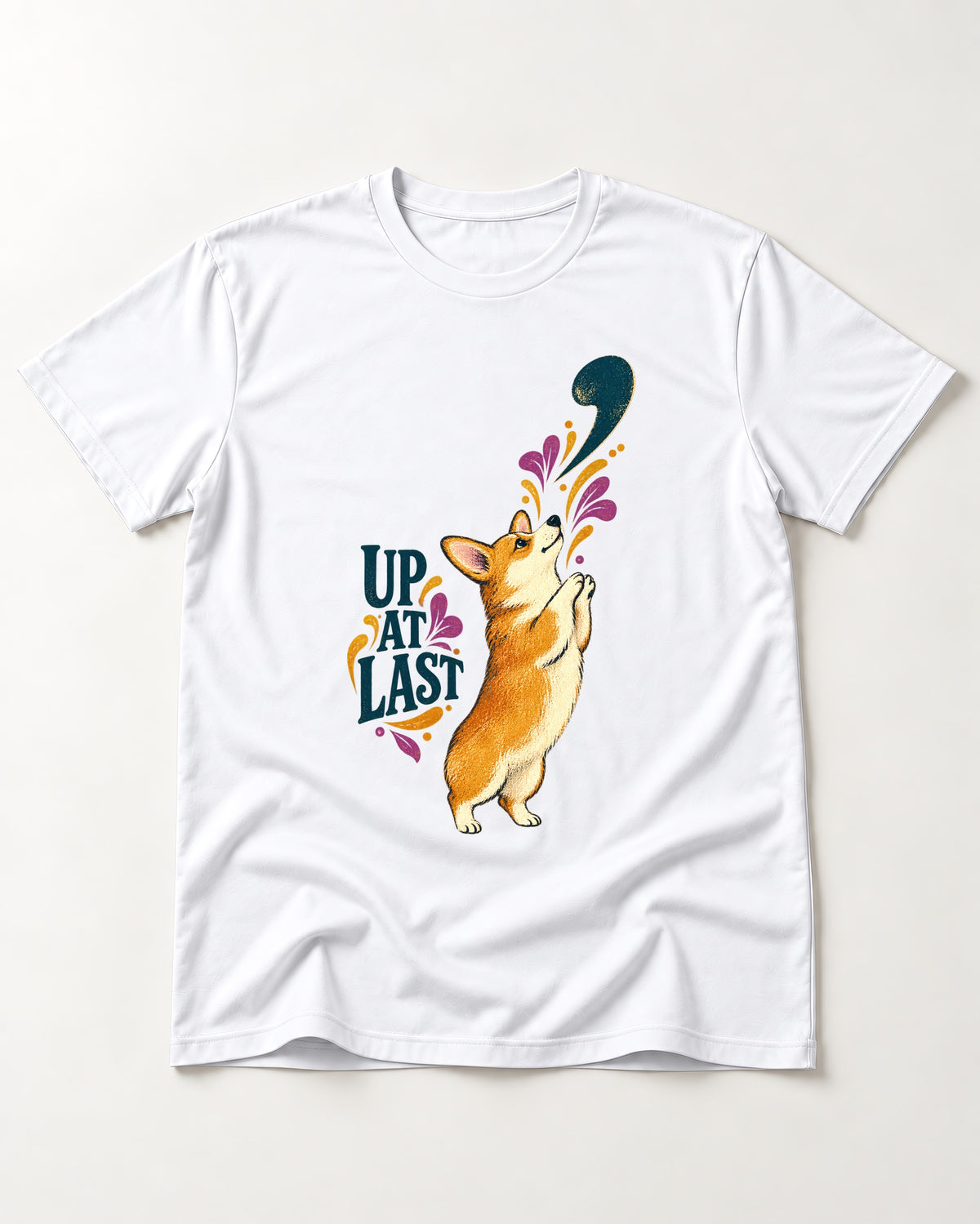 Corgi Up at Last T-Shirt in White, flat lay product photo
