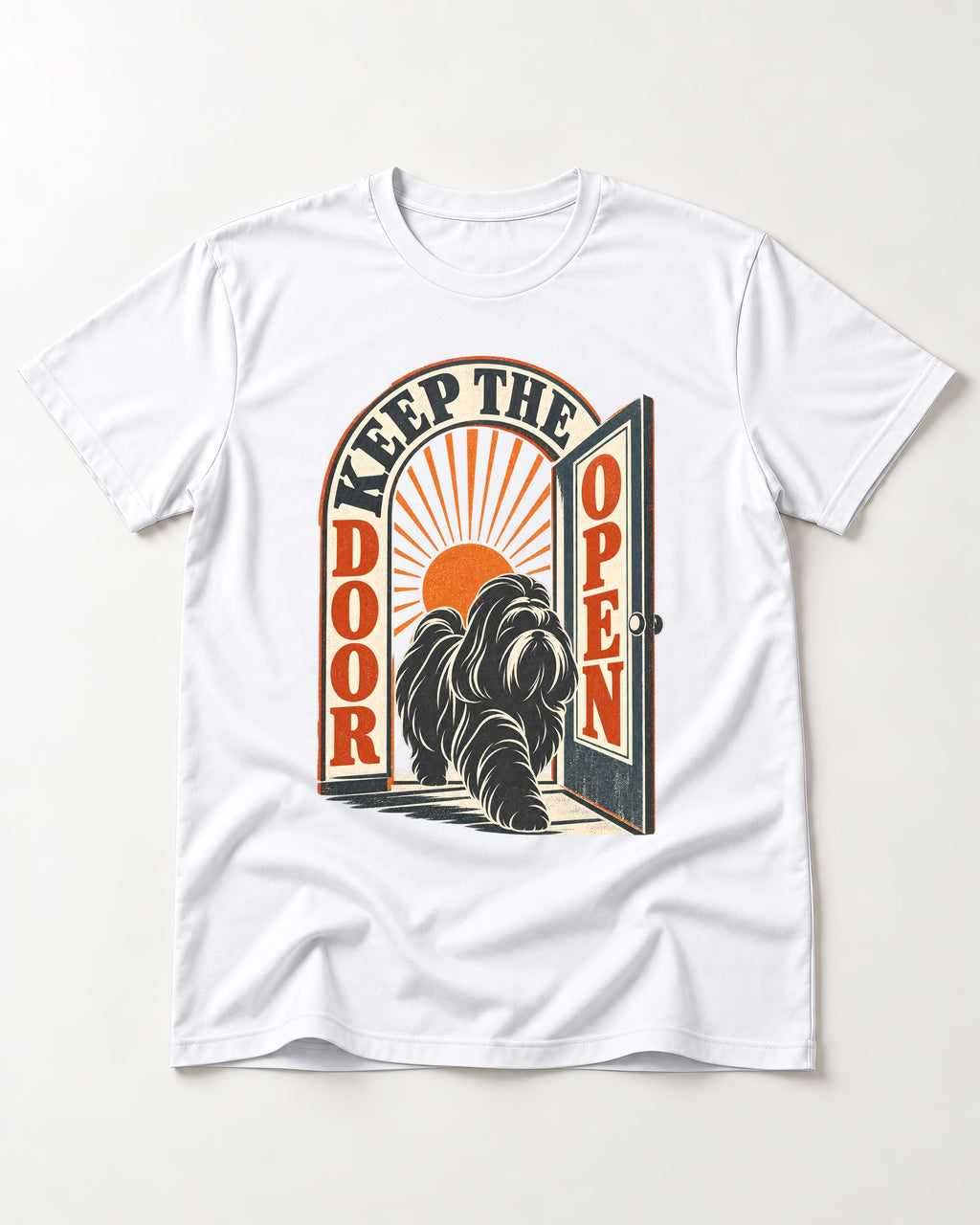 Shih Tzu Keep the Door Open Retro Doorway Graphic T-Shirt in White, flat lay product photo