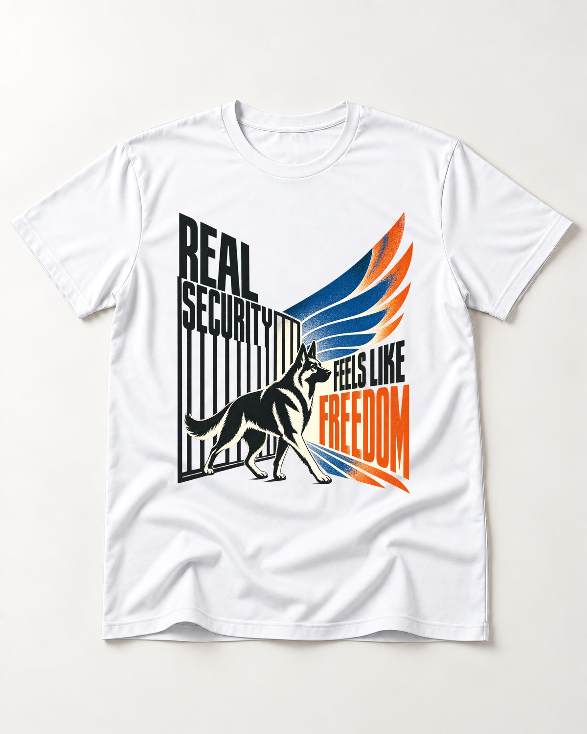 German Shepherd Dog Feels Like Freedom T-Shirt in White, flat lay product photo