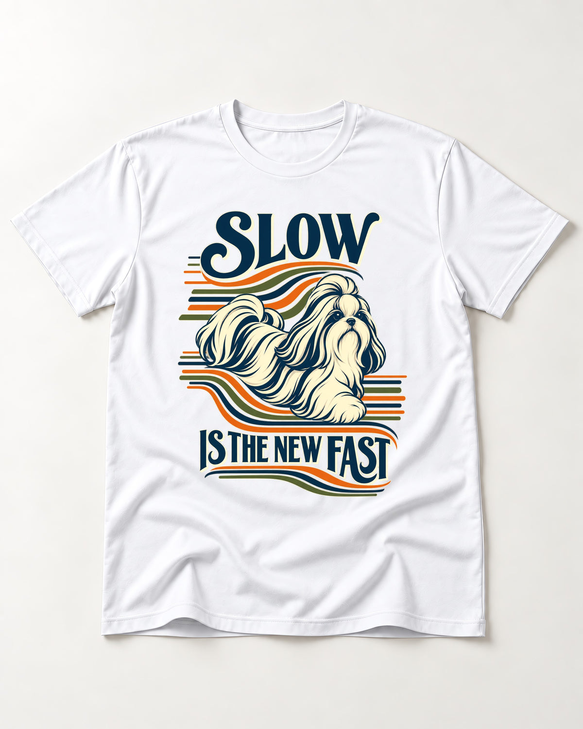 Slow Is Fast Shih Tzu T-Shirt in White, flat lay product photo