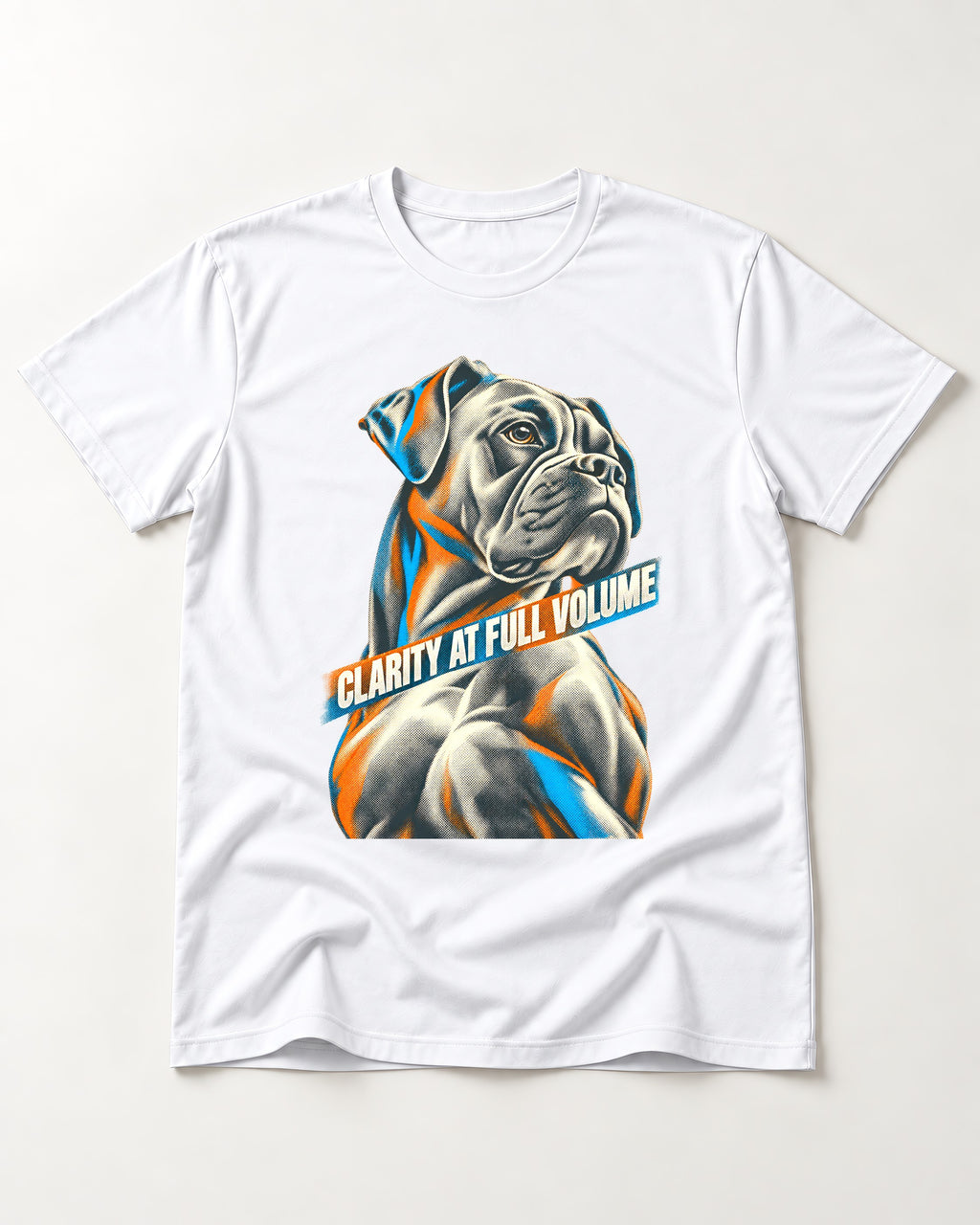Clarity at Full Volume Boxer Portrait T-Shirt in White, flat lay product photo