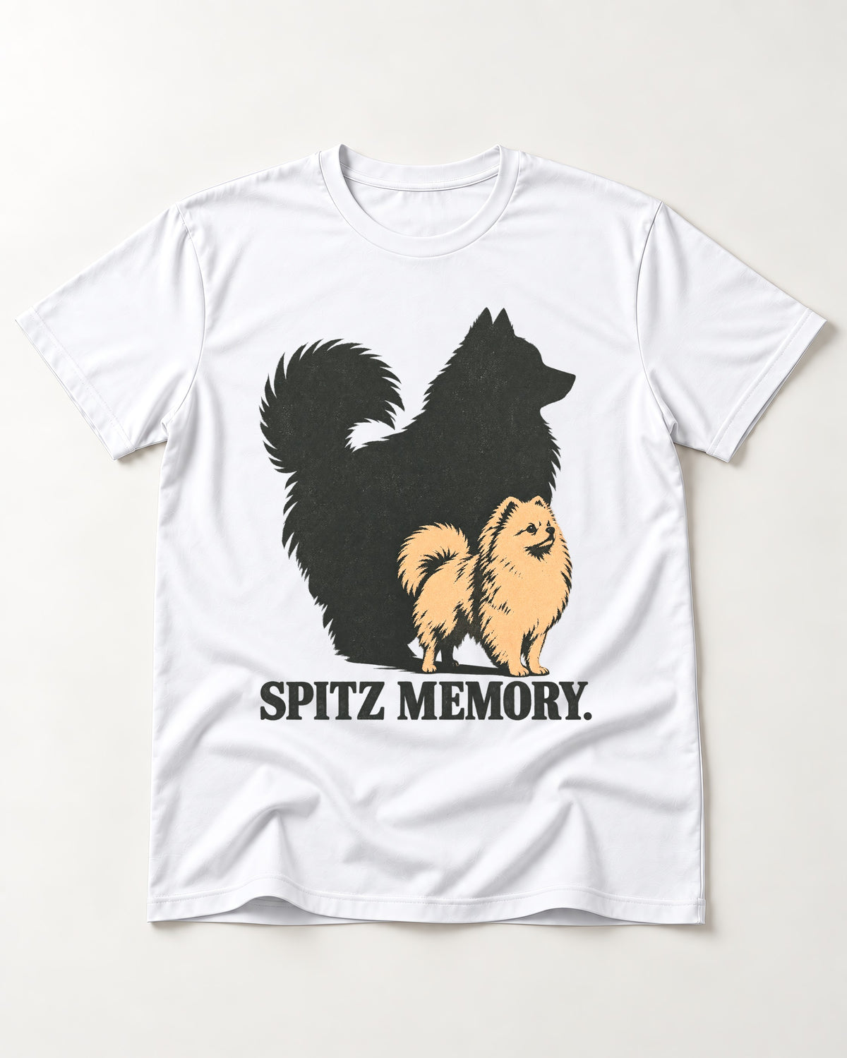 Pomeranian Spitz Memory T-Shirt in White, flat lay product photo