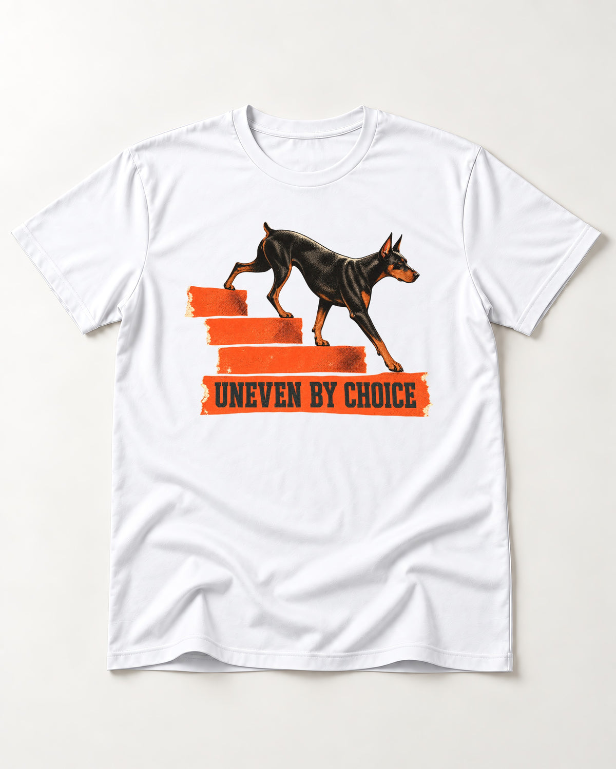 Doberman Uneven by Choice Stair Graphic T-Shirt in White, flat lay product photo