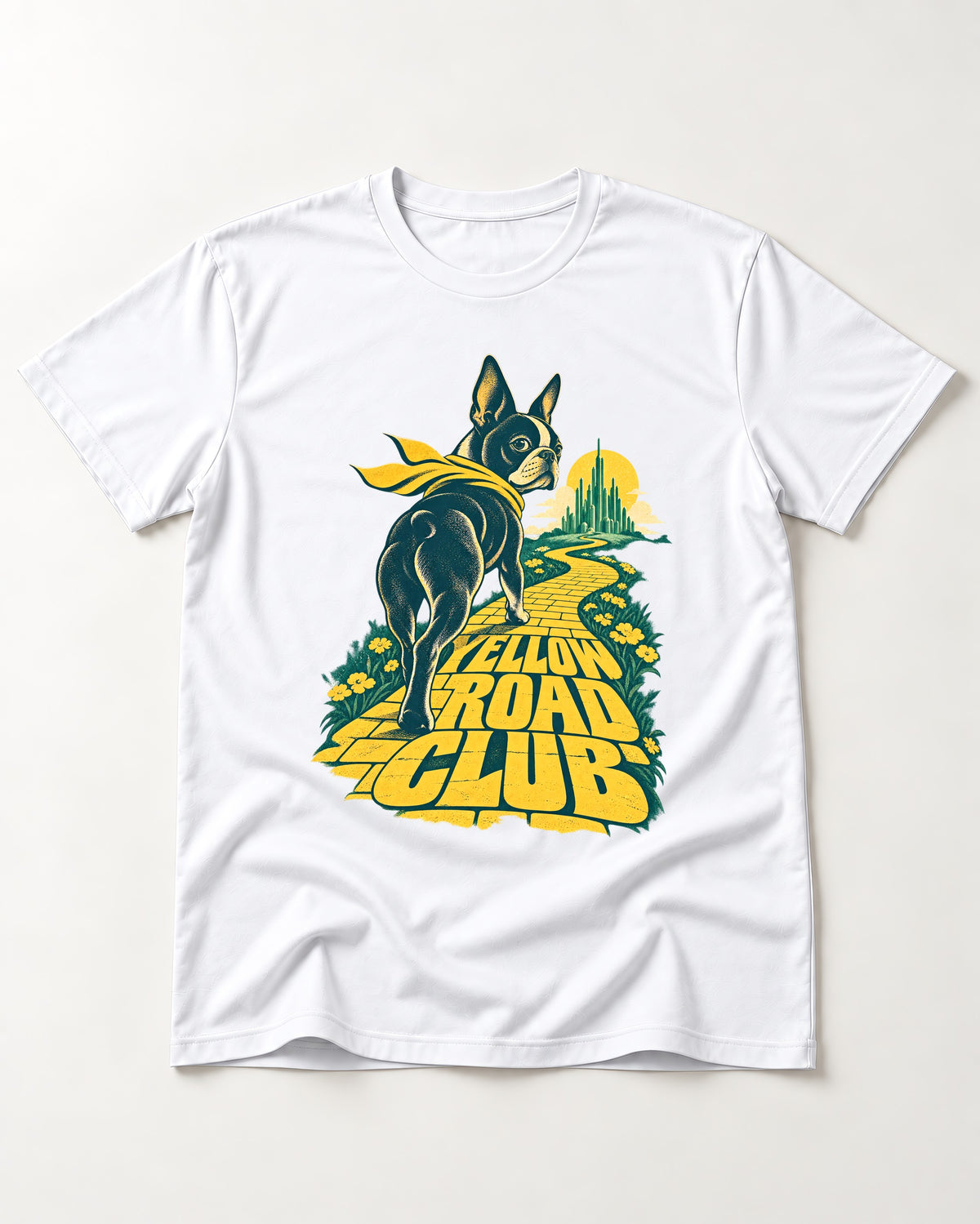 Boston Terrier Yellow Road Club T-Shirt in White, flat lay product photo