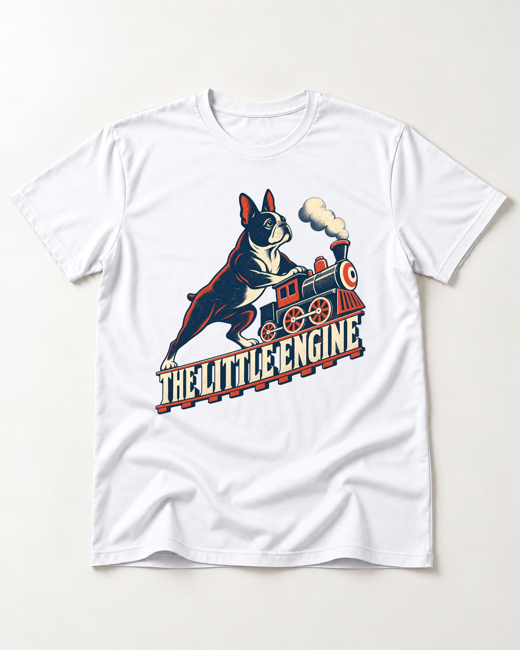Boston Terrier The Little Engine T-Shirt in White, flat lay product photo