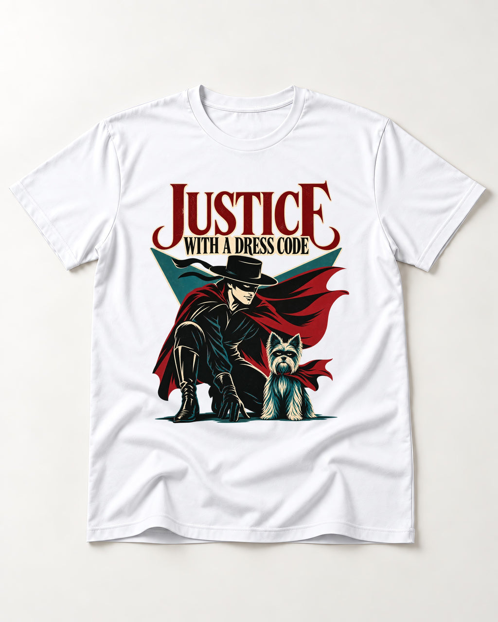 Yorkshire Terrier Dress Code Justice T-Shirt in White, flat lay product photo