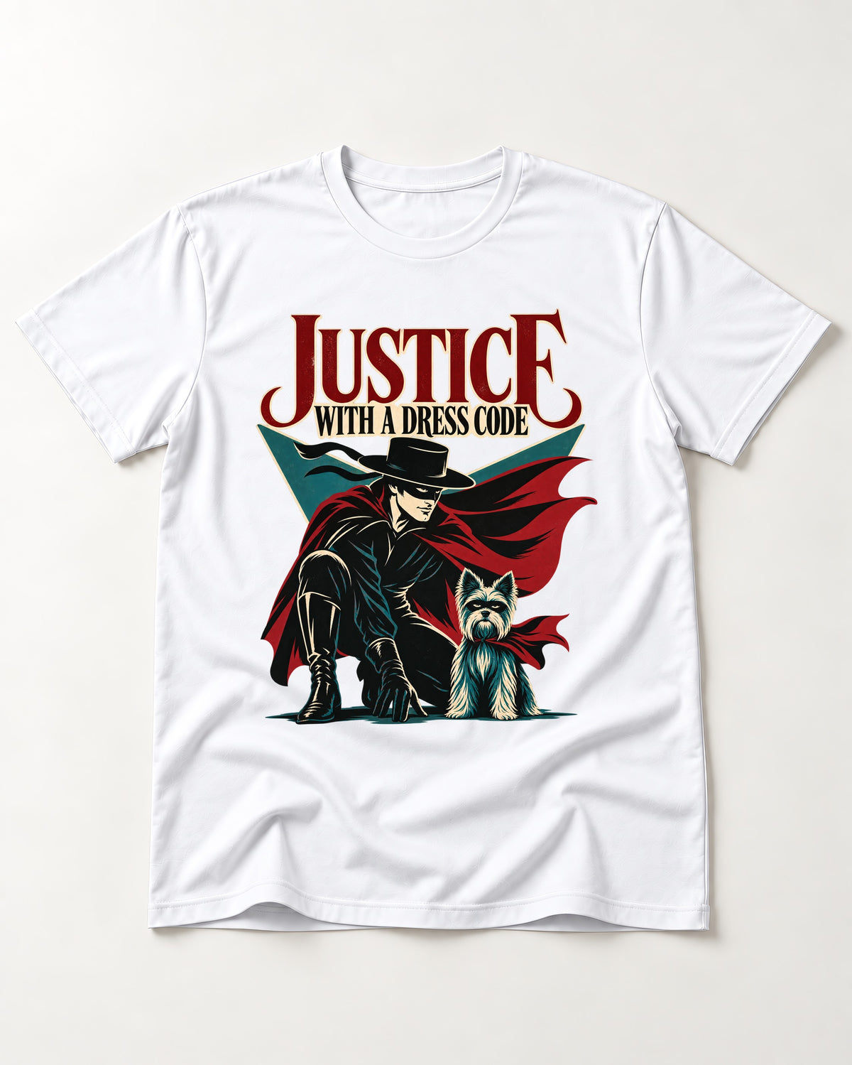 Yorkshire Terrier Dress Code Justice T-Shirt in White, flat lay product photo