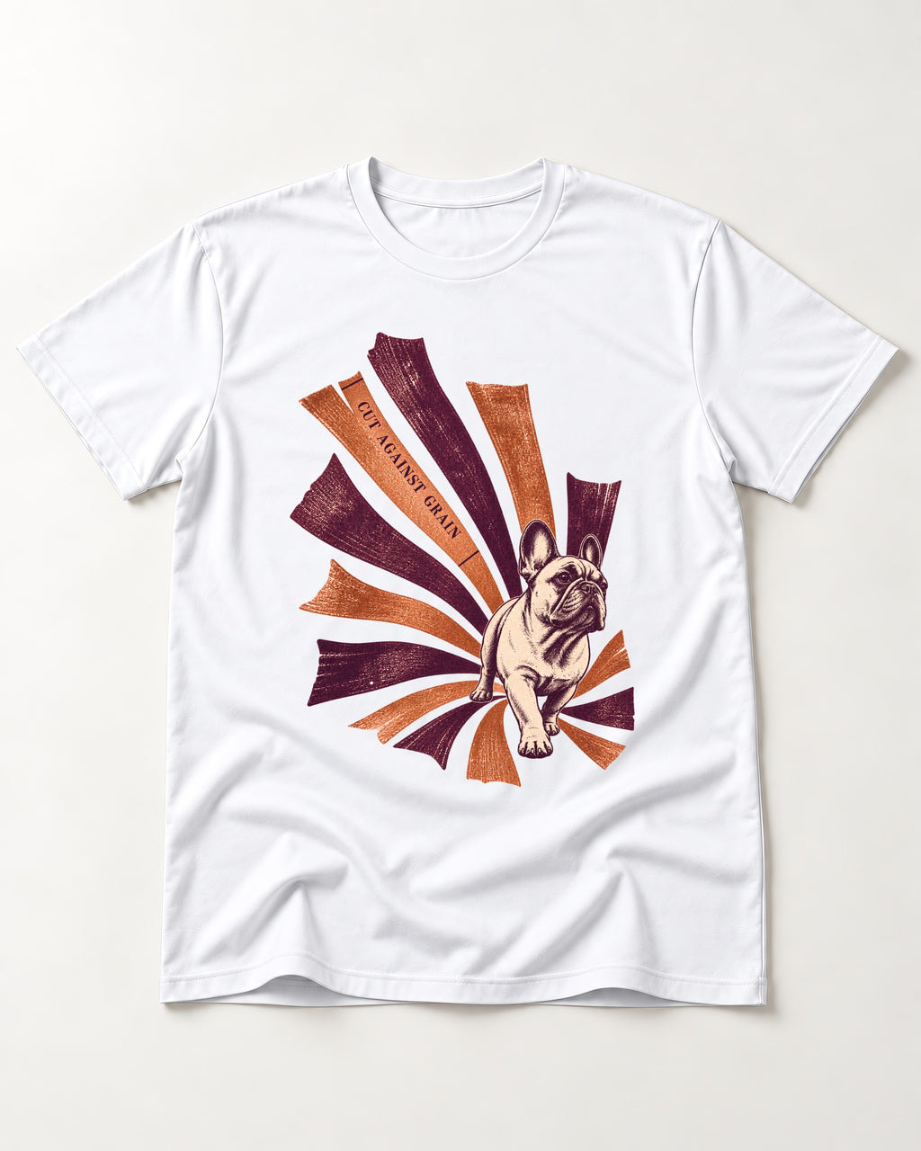 Frenchie Against the Grain T-Shirt in White, flat lay product photo