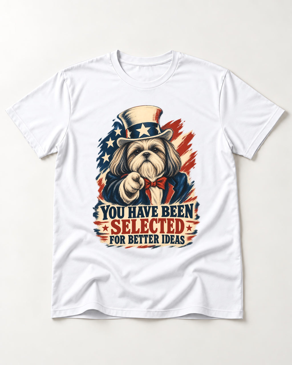 Shih Tzu You Have Been Selected Uncle Sam Graphic T-Shirt in White, flat lay product photo