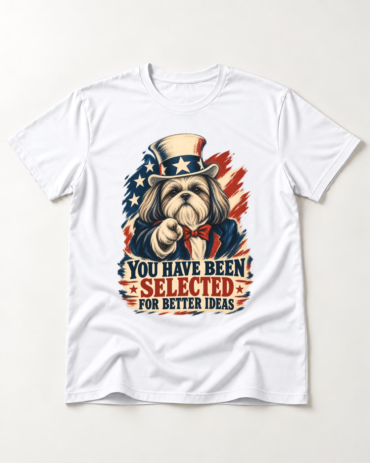 Shih Tzu You Have Been Selected Uncle Sam Graphic T-Shirt in White, flat lay product photo