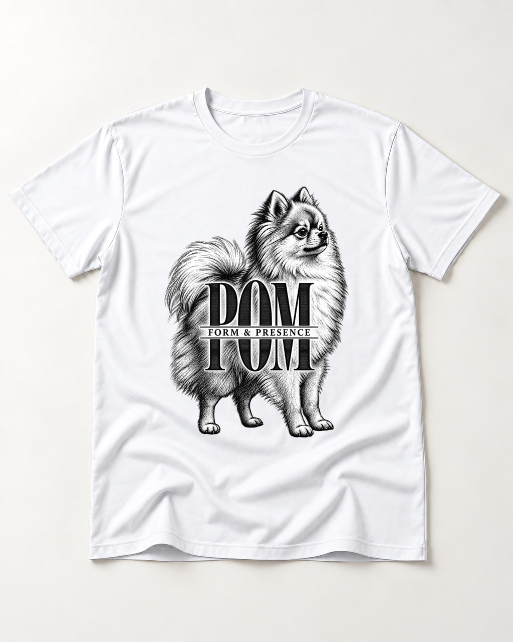 Pomeranian Form and Presence Monogram Graphic T-Shirt in White, flat lay product photo