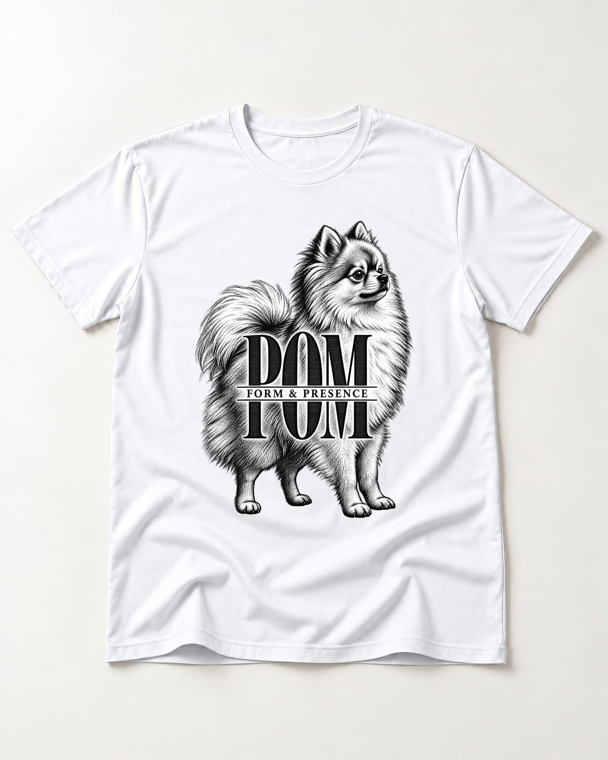 Pomeranian Form and Presence Monogram Graphic T-Shirt in White, flat lay product photo