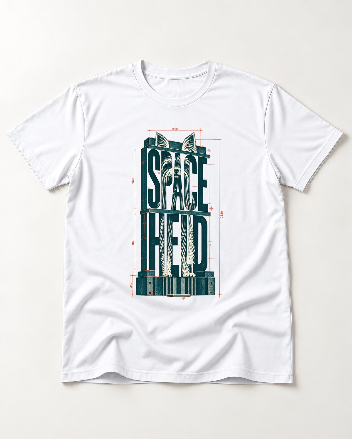 Yorkshire Terrier Space Head T-Shirt in White, flat lay product photo