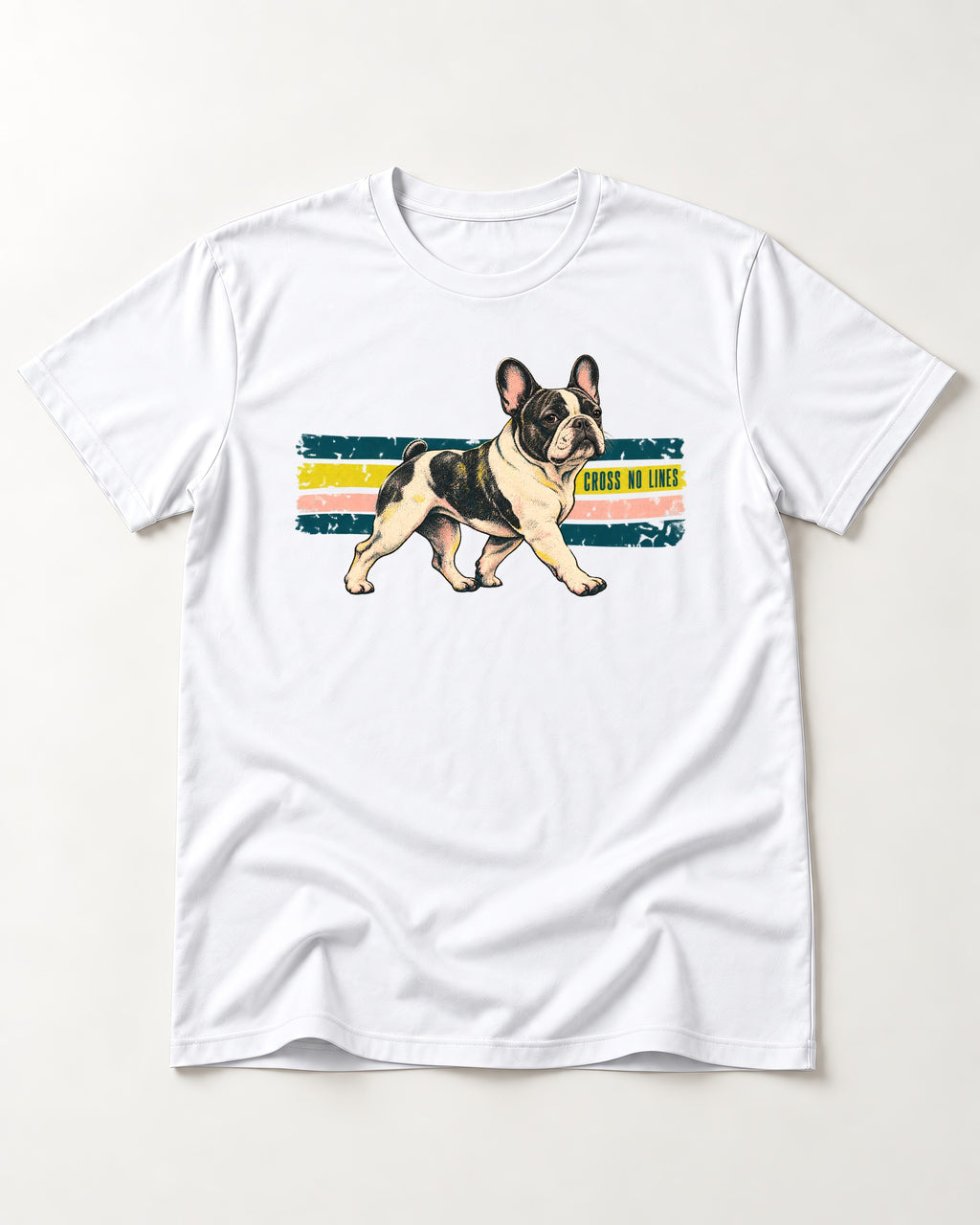 Frenchie Cross No Lines T-Shirt in White, flat lay product photo