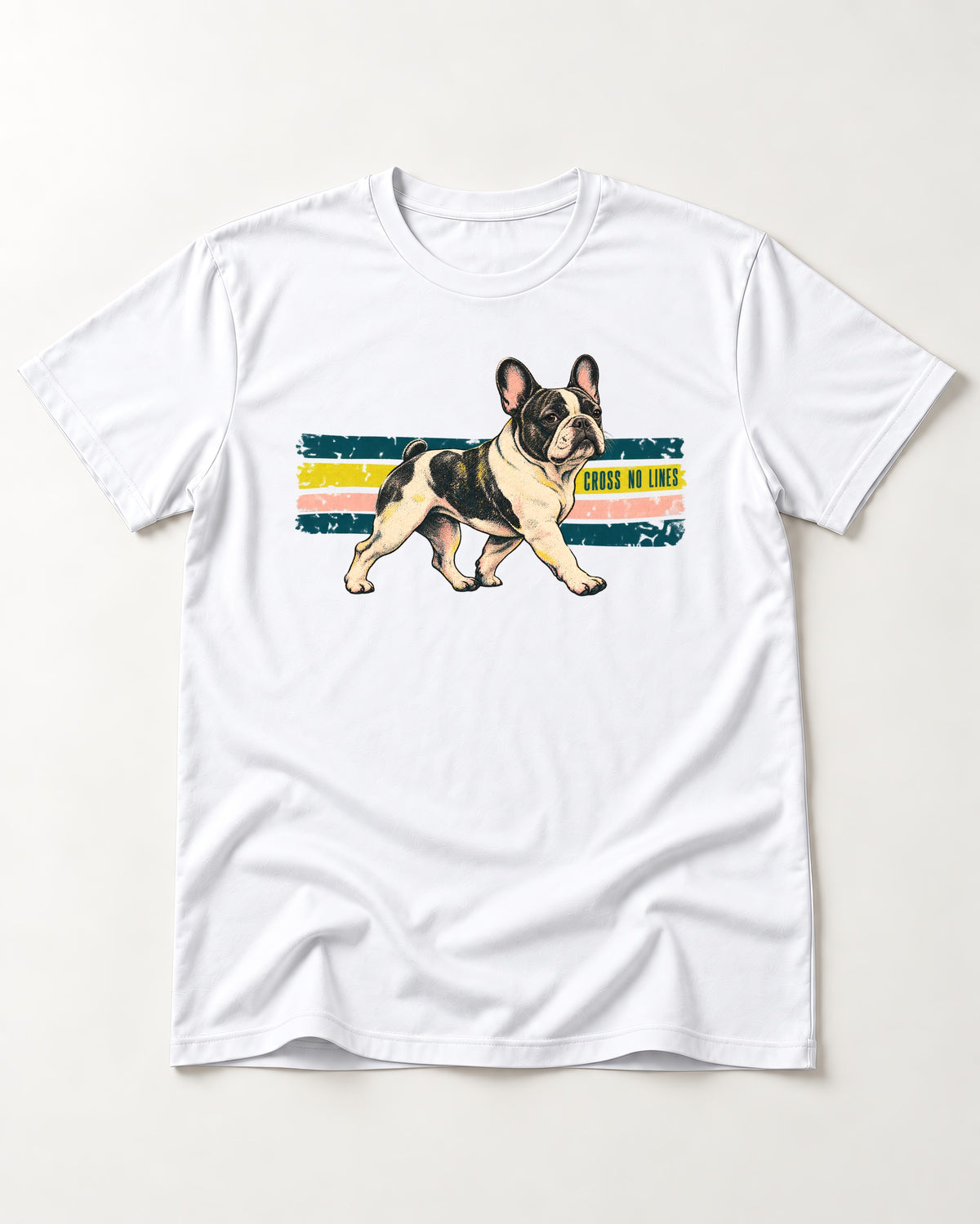 Frenchie Cross No Lines T-Shirt in White, flat lay product photo