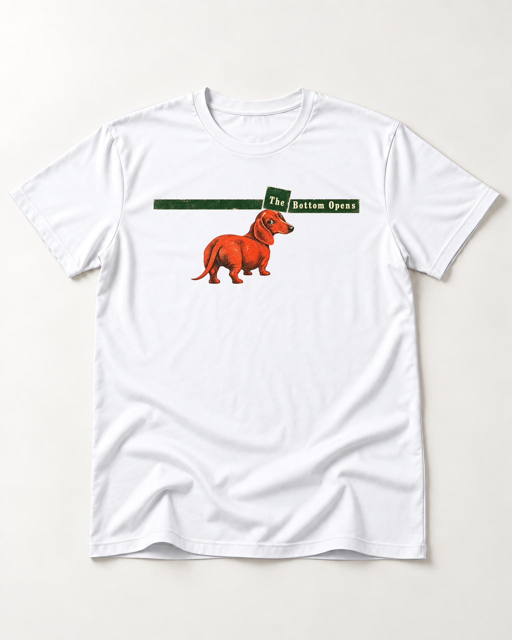 Dachshund The Bottom Opens Signpost Graphic T-Shirt in White, flat lay product photo