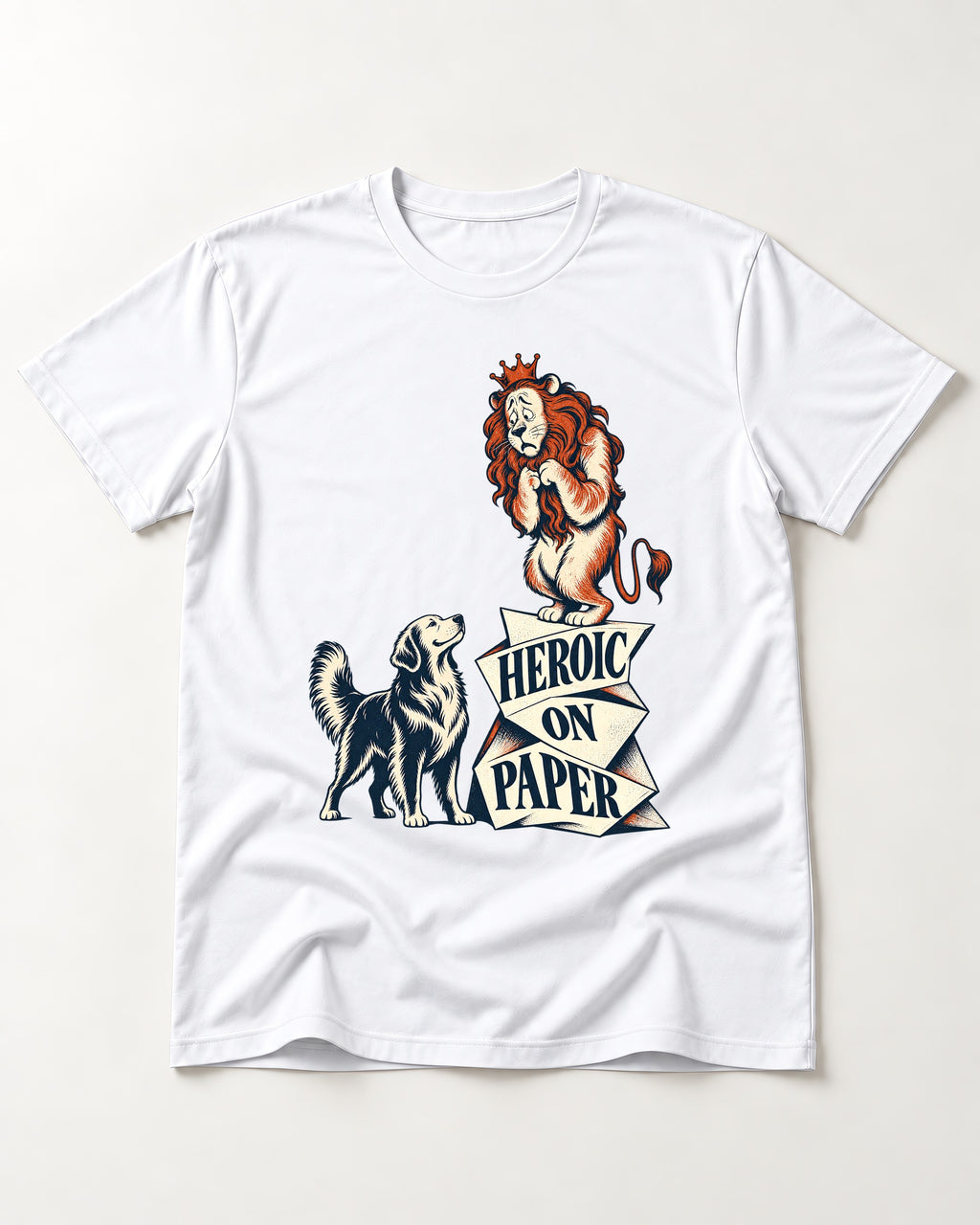 Golden Retriever Heroic on Paper Lion Graphic T-Shirt in White, flat lay product photo