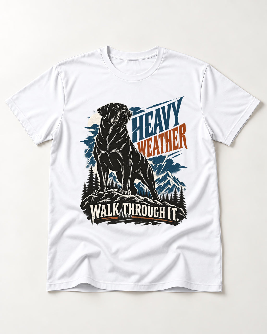 Heavy Weather Rottweiler T-Shirt in White, flat lay product photo